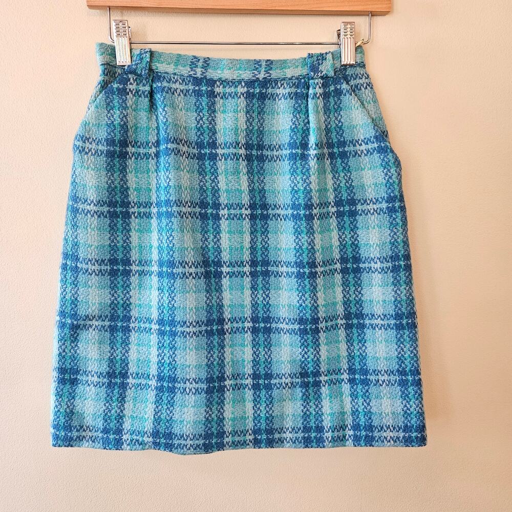 Vintage 60s Plaid Wool Skirt, Size XXS / XS Aqua Blue Green Pockets Twee Mod